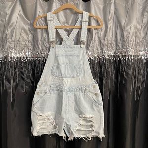 Distressed Denim Short Overalls by American Bazi